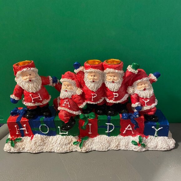 "Happy Holiday" Blocks w / 5 Happy Santas ~ Candleholder ~ Holly, Berries - 1997 - Picture 1 of 4